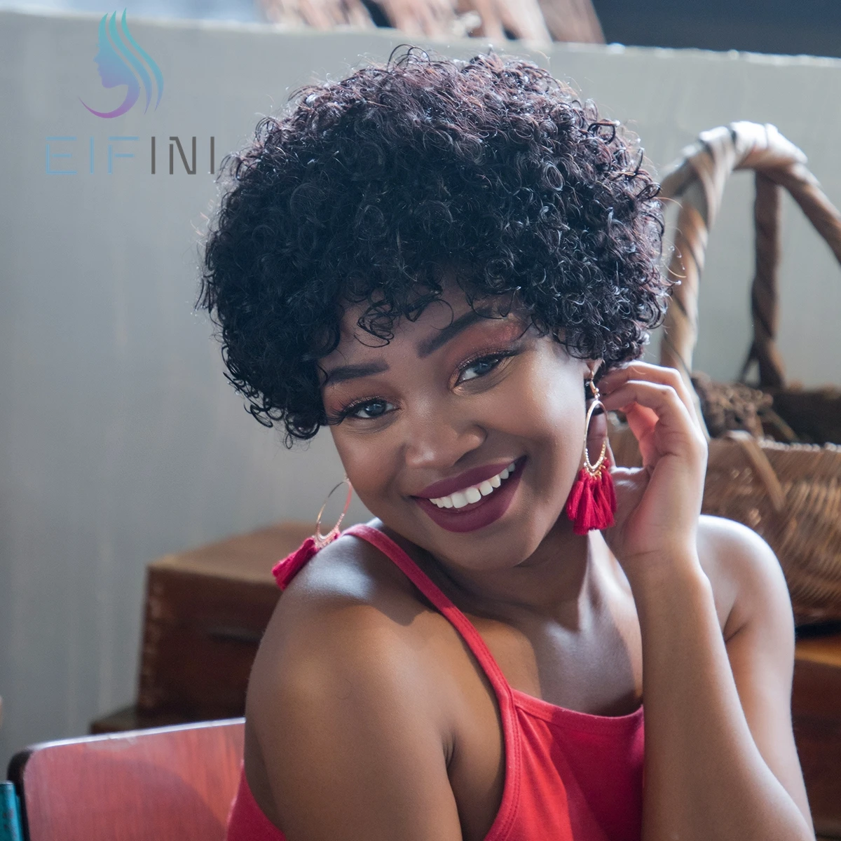 

Short Human Hair Afro Kinky Curly Pixie Wigs Malaysian Remy Curly Full Machine Made Wigs 180% Density Natural Colo Wig For Women