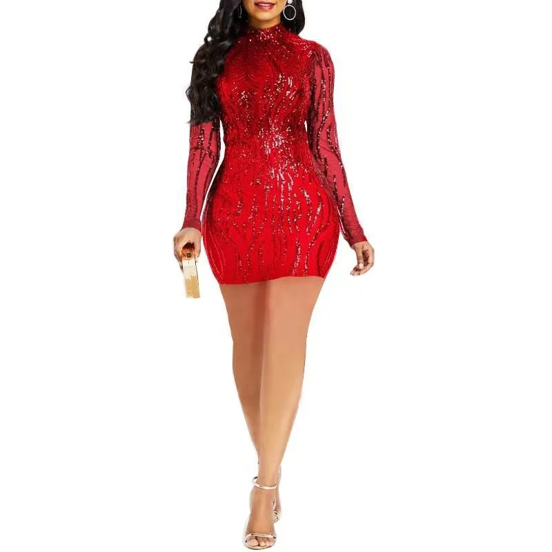 

Women Sexy Sequined Dress Red Full Sleeve Bodycon Mini Length High Waist Pullovers Elegant Evening Night Party Vestidos Mujer