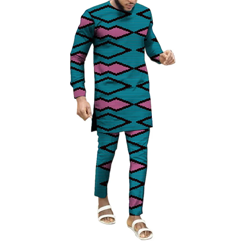 

African Clothes Male O-Neck Shirts With Pants Fashion Print Tops+Trousers Custom Made Men's Set Ankara Outfits