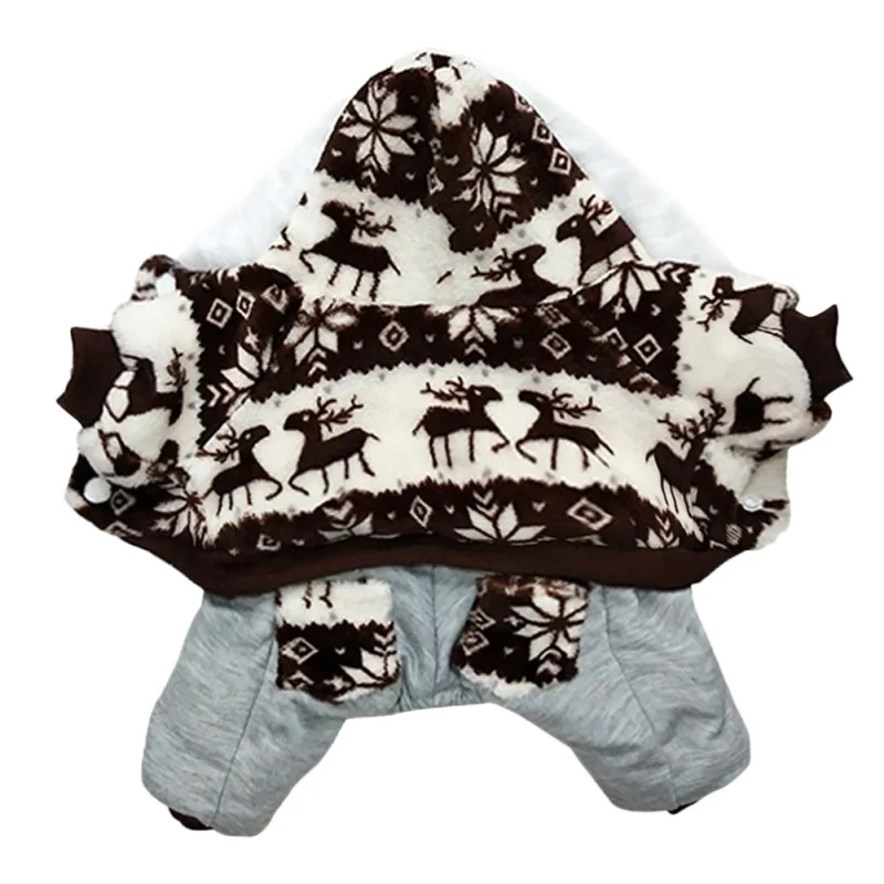 

Elk Printed Warm Coat Christmas Dog Clothes Hooded Pet Dog Cat Plush Clothes for Autumn and Winter Soft Jumpsuit