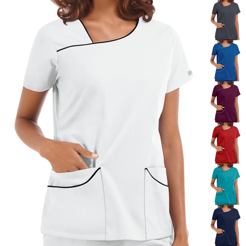 Летняя Женская рабочая одежда однотонные топы с V-образным вырезом и карманами