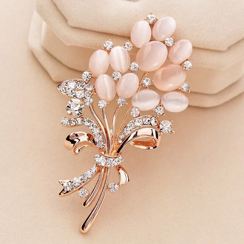 

Luxury Female Moonstone Flower Brooch Charm Rose Gold Color Jewelry Broochs For Women Cute Zircon Pin Dress Coat Accessory