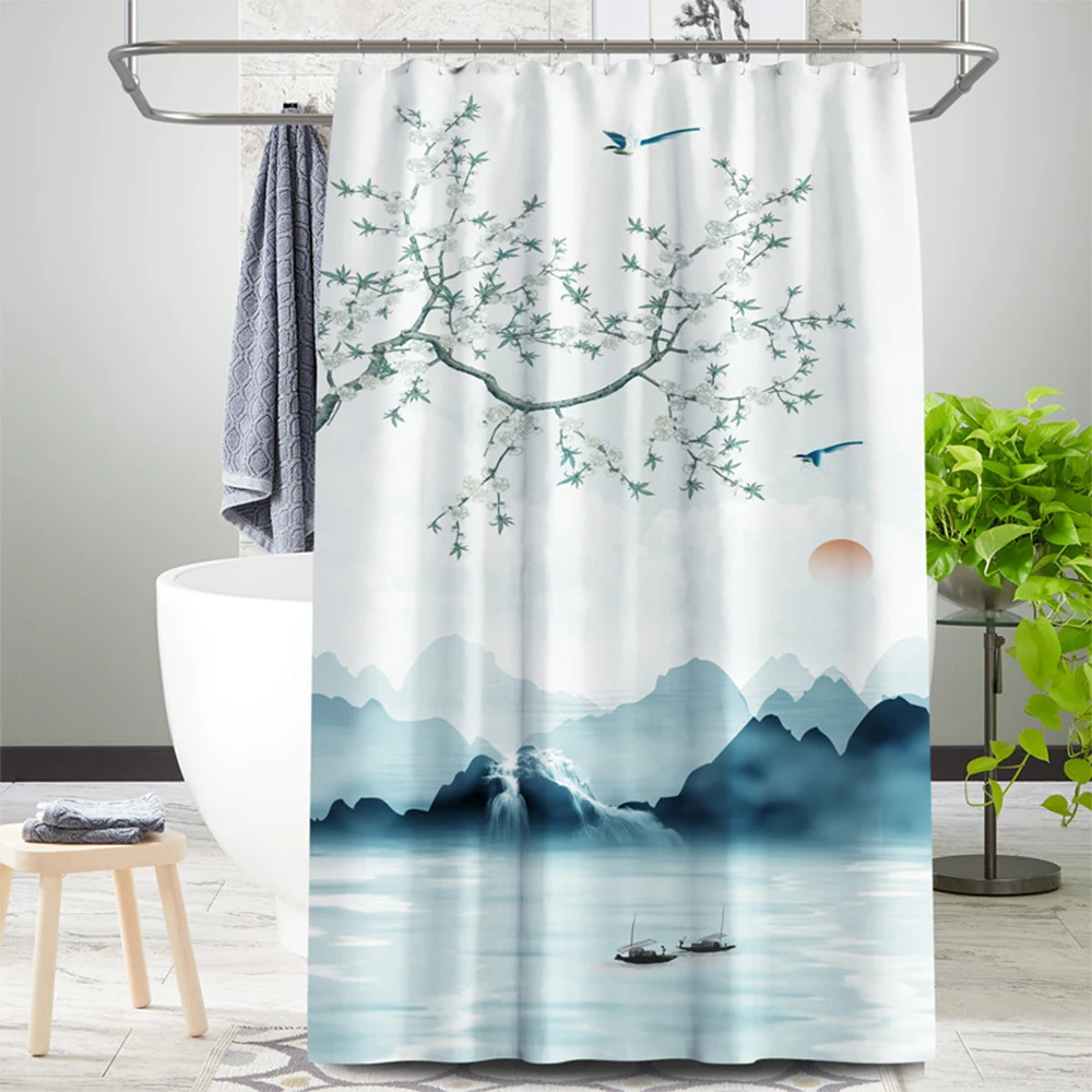 Scenic Pattern Waterproof Fabric Bath Curtain Washable Bathr