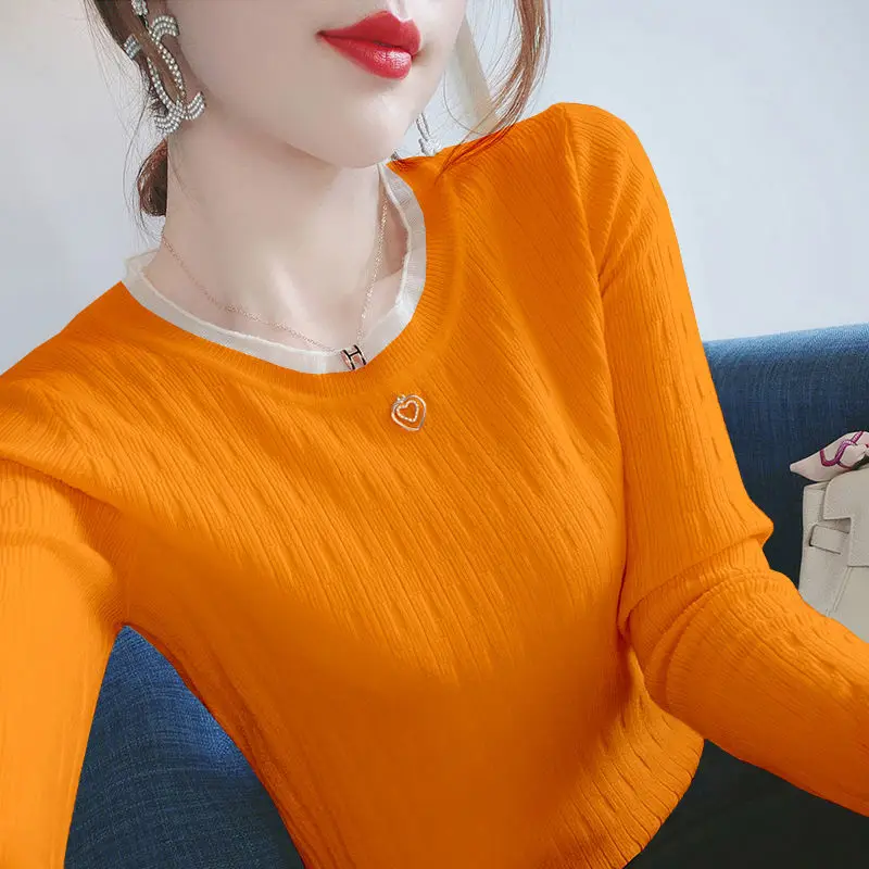 

Knitted sweater mesh lace sweater 2020 autumn and winter new women's slim slim crew neck women's bottoming shirt