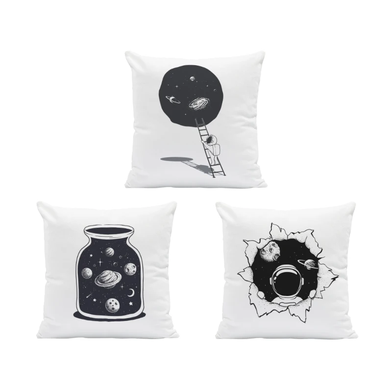 

Black And White Modern Cartoon Pillow Planet Astronaut Print Cushion Cover Home Decoration Living Room 45*45 Peach Skin Pillow