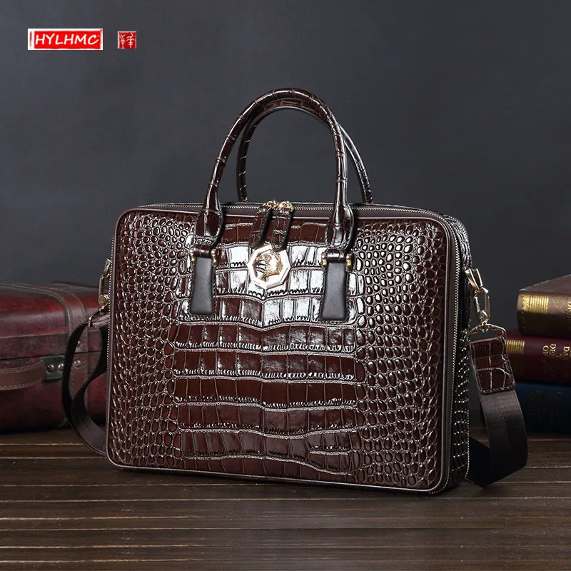 

Genuine Leather Men's Handbag Business Briefcase 14" Laptop Bag Crocodile Pattern Shoulder Bag Large Capacity Tide Travel Bags