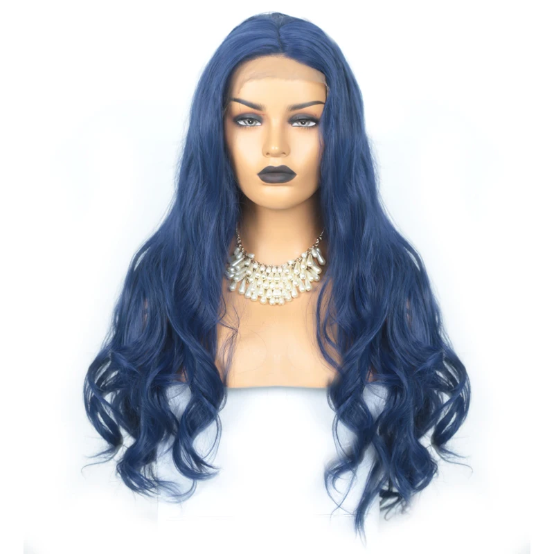 Charisma Heat Resistant Hair Lace Front Wig Natural Hairline Blue Wig Long Wavy Synthetic Wigs For Black/White Women Lace Wig