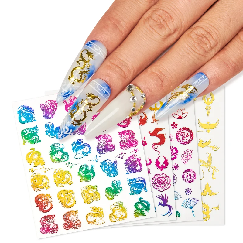 1 шт. Золотые 3D наклейки для ногтей с изображением дракона в китайском стиле