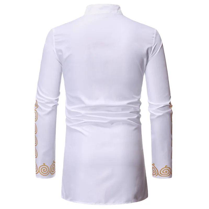 Middle East Saudi Men's Long Sleeve Print Slim Fit Shirts Arab Muslim Stand Collar Gilding Tops Islamic Homme Casual Shirt images - 6