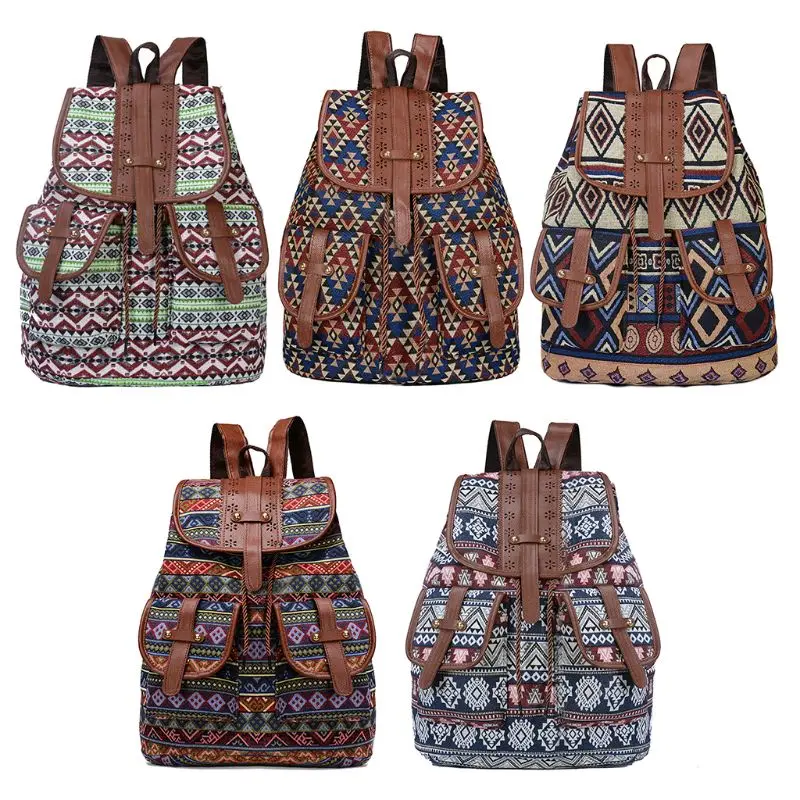 Холщовый этнический рюкзак с винтажным принтом для женщин и девочек, школьный шнурок в богемном стиле, дорожный рюкзак G5AE
