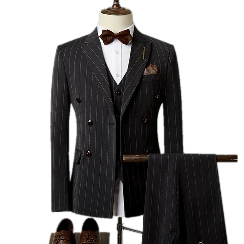

British Style Stripe Autumn Men Blazer Pants Vest Double Breasted High End Banquet Business Large Size Groom 3 Pieces Suit Set