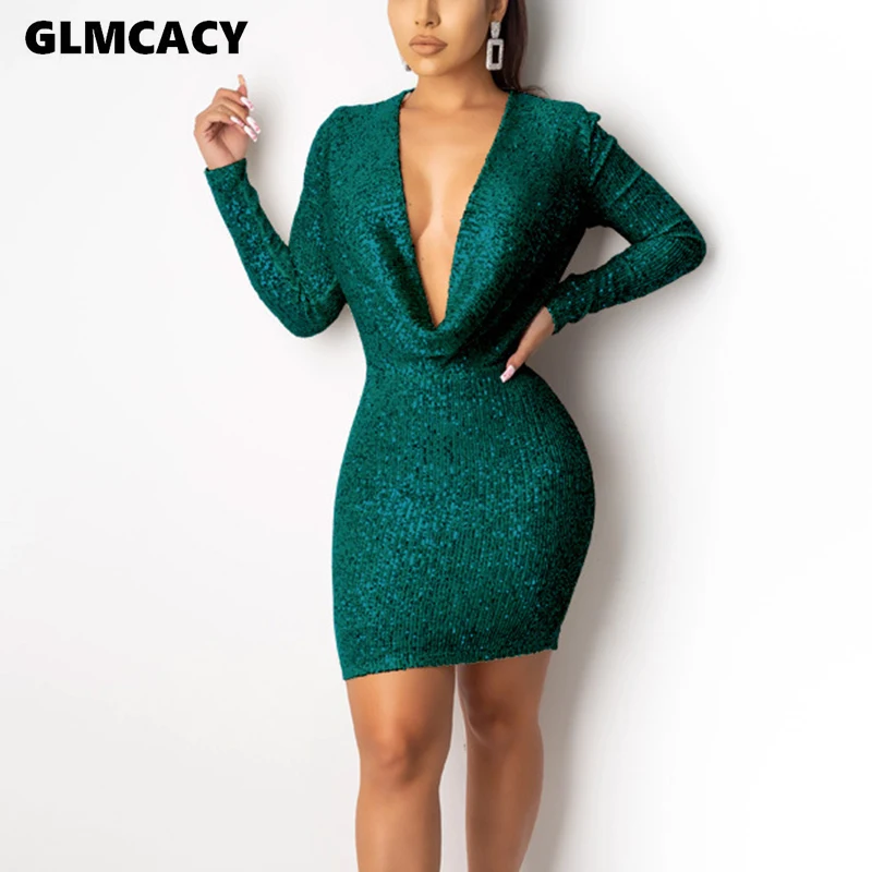 Женское облегающее платье с v-образным вырезом и блестками вечерние мини-платья