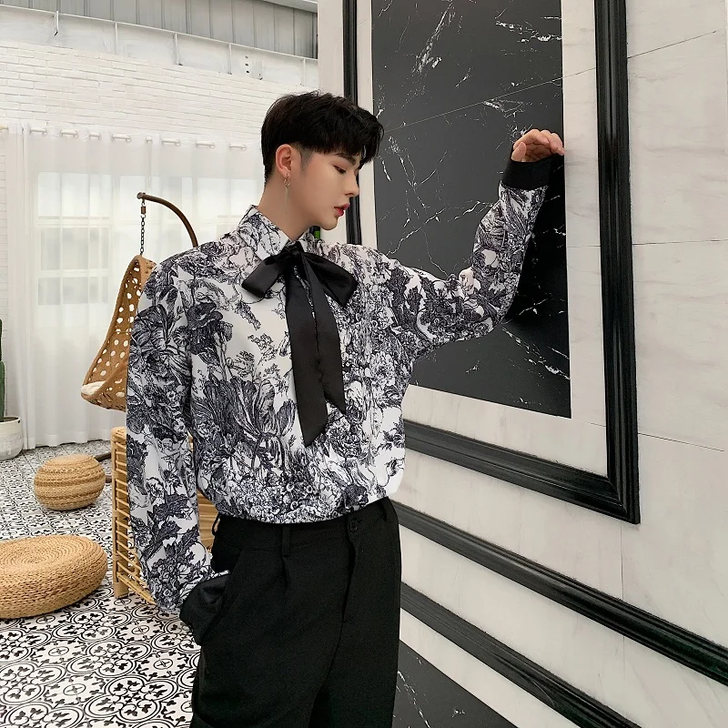 Мужская Повседневная Свободная рубашка с длинными рукавами и галстуком-бабочкой