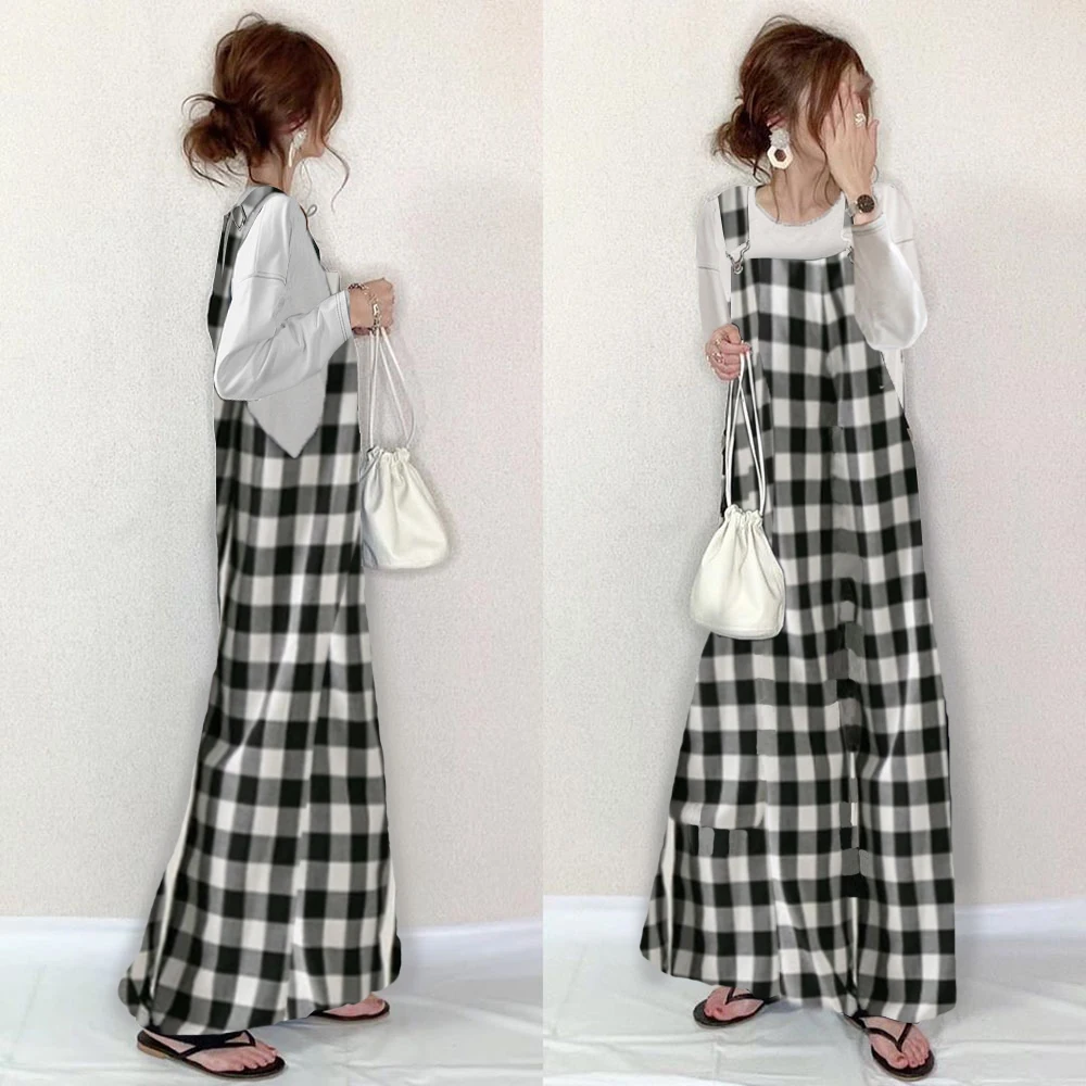 

New Style Lattice Sleeveless Switching Maxi Length Ladies Fashion A-line Dressing Check Pattern OL Commuting Long Maxi Robe