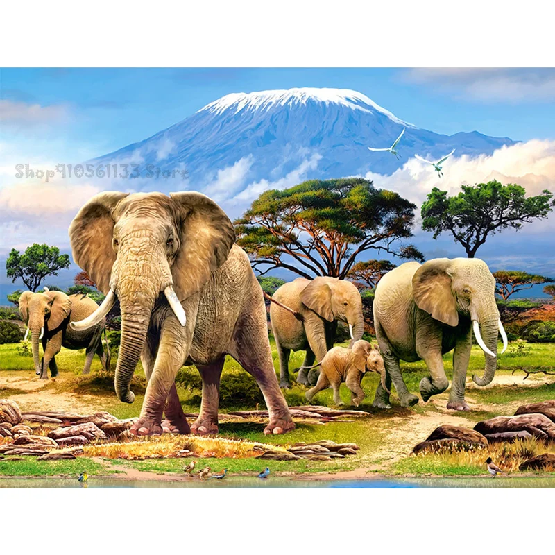 

Diamond painting, full square, round diamond cross embroidered animal elephant landscape picture Rhinestone home decor GG1863