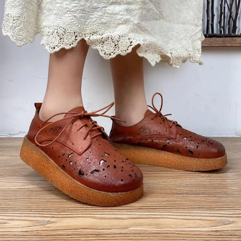 

2021 New Retro Pumps Women Shoes Genuine Leather Spring Summer Footwear Platform Heels Lace-Up Handmade Concise Ladies Shoes