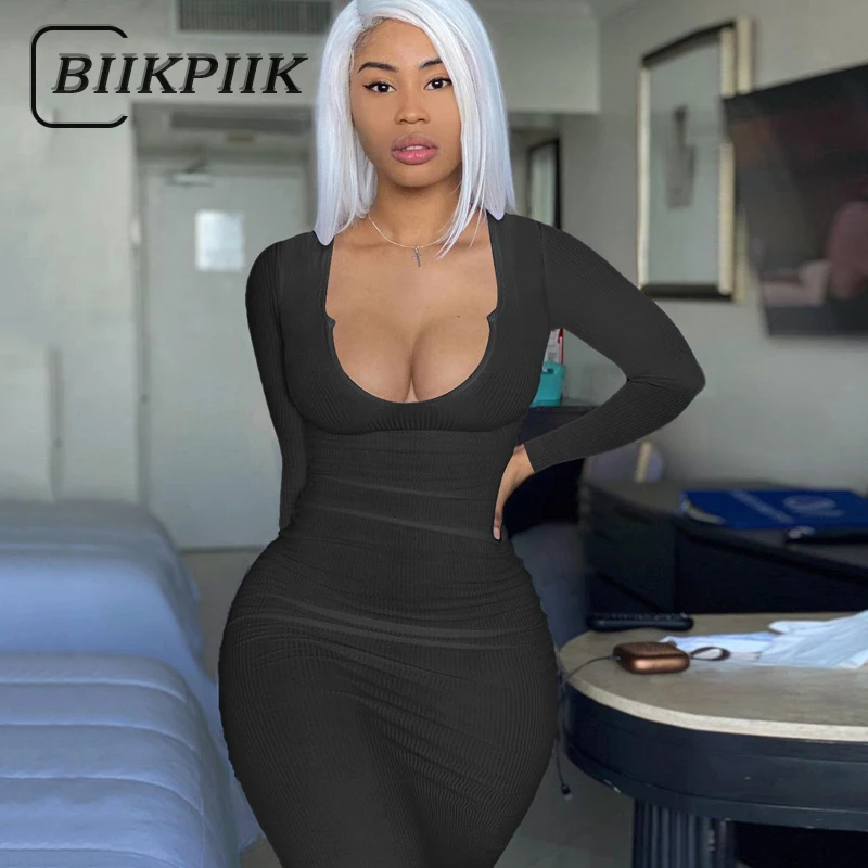

BIIKPIIK Solid Basic Long Sleeve Cleavage Sexy Bodycon Mini Dress Winter Women Fashion Streetwear Casual Dresses Spring Female