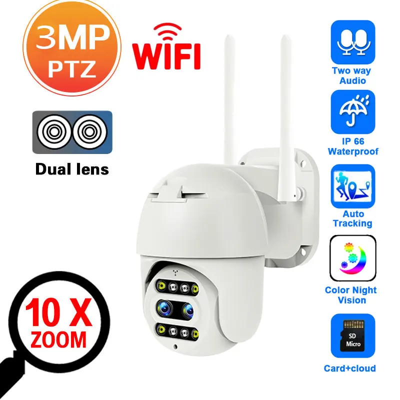 

10X Zoom PTZ IP Camera 3MP Security WiFi Camera Spotlight Color Night Outdoor Speed Dome Camera Waterproof Surveillance CCTV