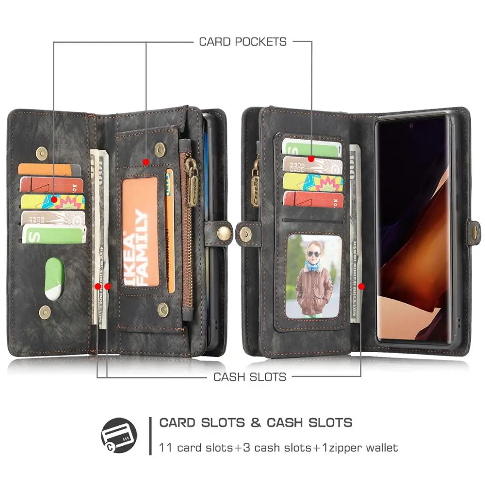 

CaseMe-008 For Samsung Galaxy Note 20 /Note 20 Plus New Genuine Leather Zipper Multifunctional Book Flip Wallet Cases 2 in 1