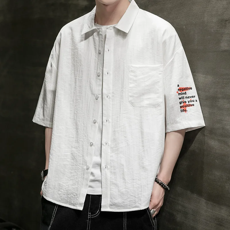 

Chinese style stand collar Linen Shirt Men's Short Sleeve Cotton Linen Shirt summer thin loose casual linen top trend