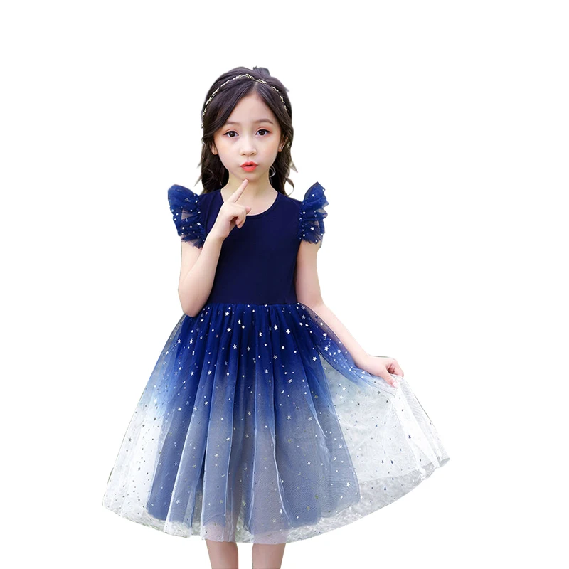

Girl Summer Dress 2021 Lace 3 4 6 8 10 12 14 Years Girls Vestidos Blue Red Short Sleeve Starry Sky Pattern Kid Summer Clothes