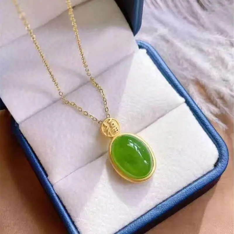 

S925 Sterling Silver Thick Gold Inlaid Natural Hetian Jade Egg Noodle Pendant Russian Old Materials Spinach Green Gilding Craft