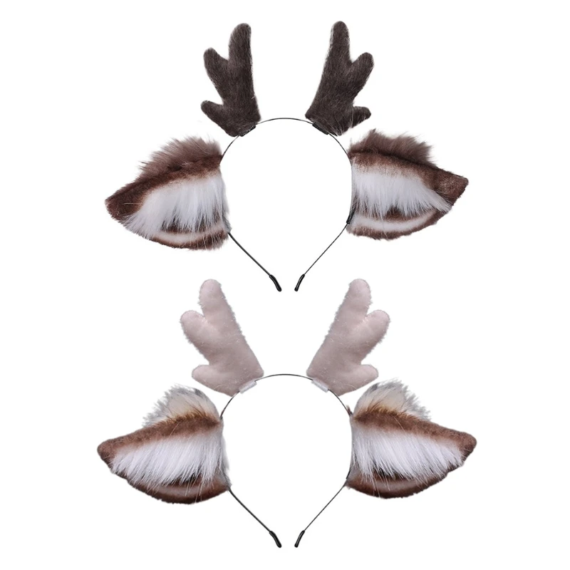 

2021 New Faux Fur Ears Plush Antler Headband Reindeer Animal Hair Hoop Cosplay Costume