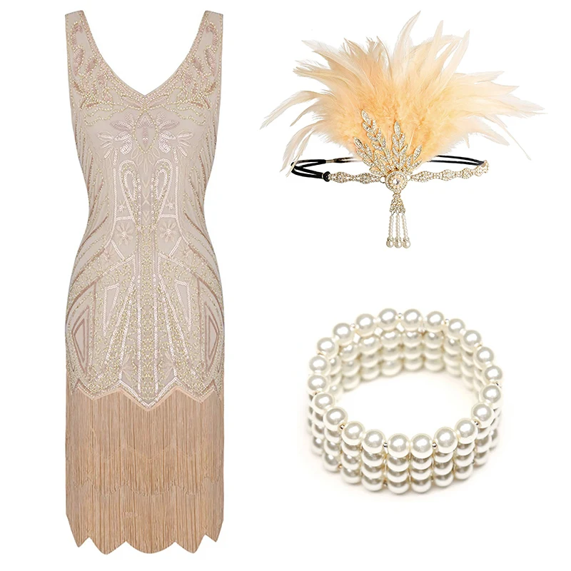 apricot set Женские Хлопушки платья 1920s бисером бахромой платье Грейт Гэтсби w/Набор аксессуаров xs-xxl - Цвет: apricot set
