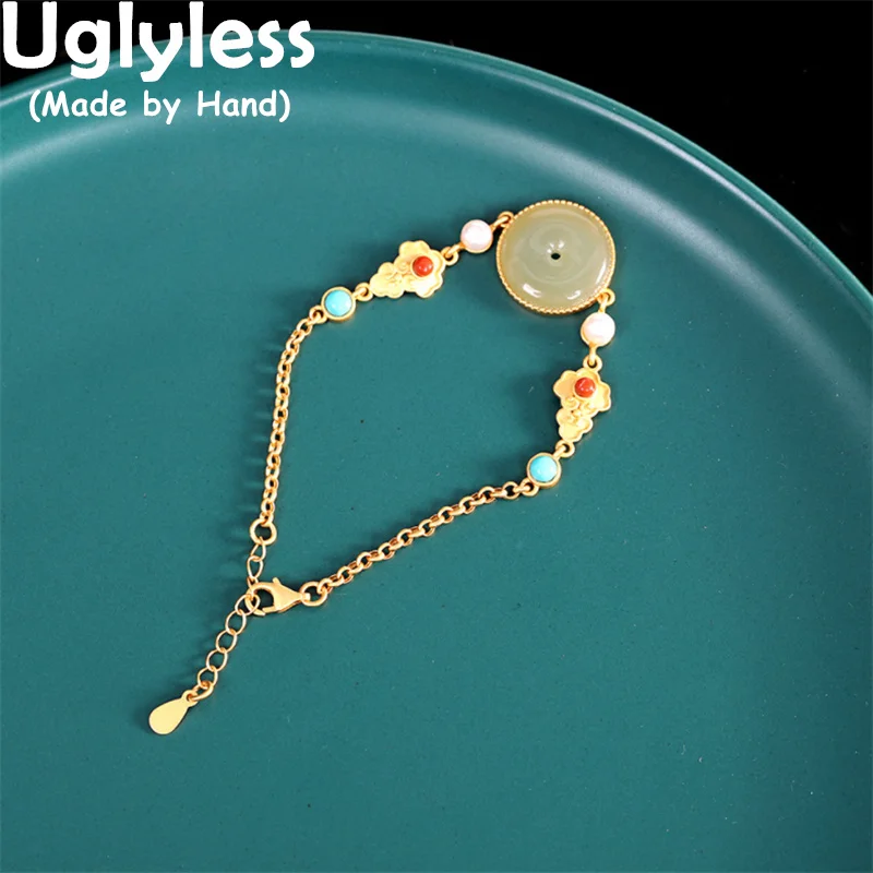 

Uglyless Vintage Peace Buttons Gemstones Bracelets Women Natural Agate Pearls Turquoise Hotan Jade Bracelets 925 Silver Jewelry