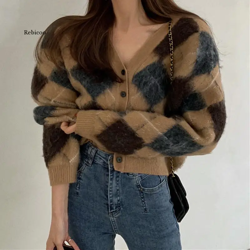 

Autumn and Winter Women's Knitted Diamond Sweater Sweater Cardigan Oversized V-Neck Korean Jacket Retro Casual Single-Breasted S