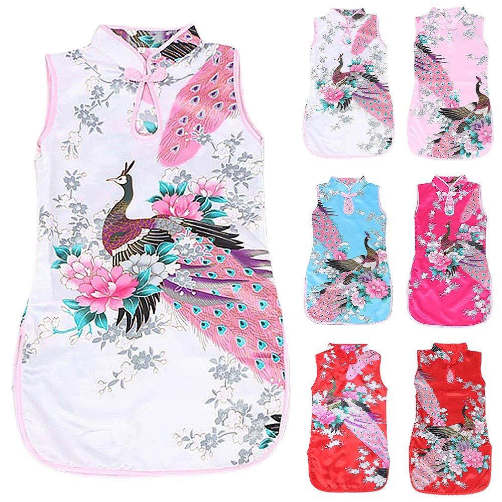 

Floral Peacock Printed Dress Chinese Style Children Girls Sleeveless Dresses Cheongsam Vintage Girls Dress