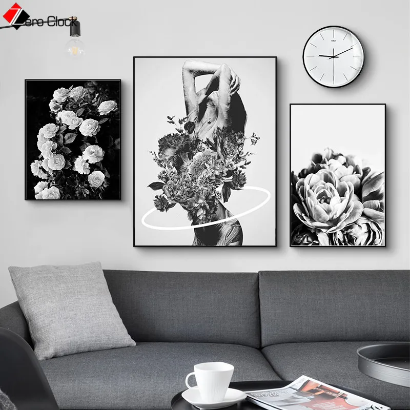 Черно-белый абстрактный женский цветочный постер украшение стены искусства