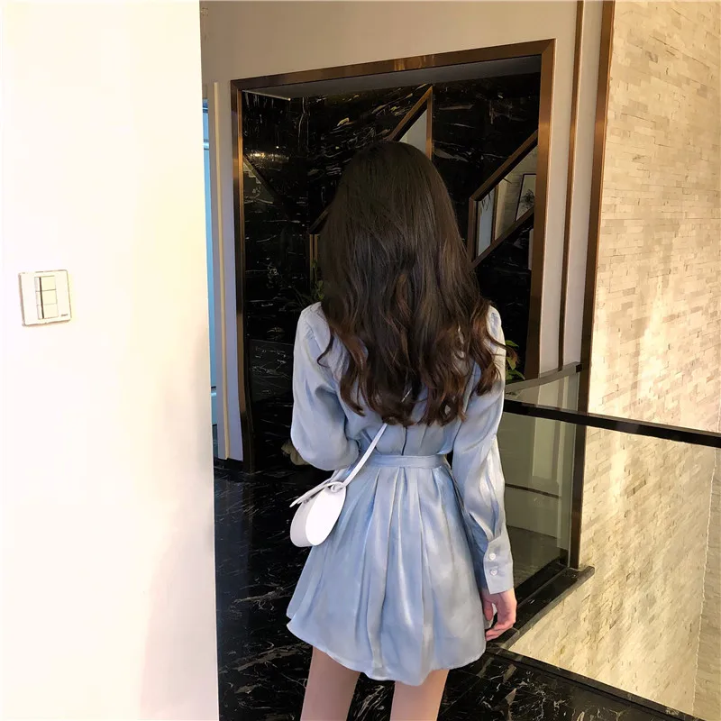 

New Women Korean Style Dress Casual Loose Vogue Dress For Women Trendy Glittering Sexy Party Skyblue Mini Female Dress