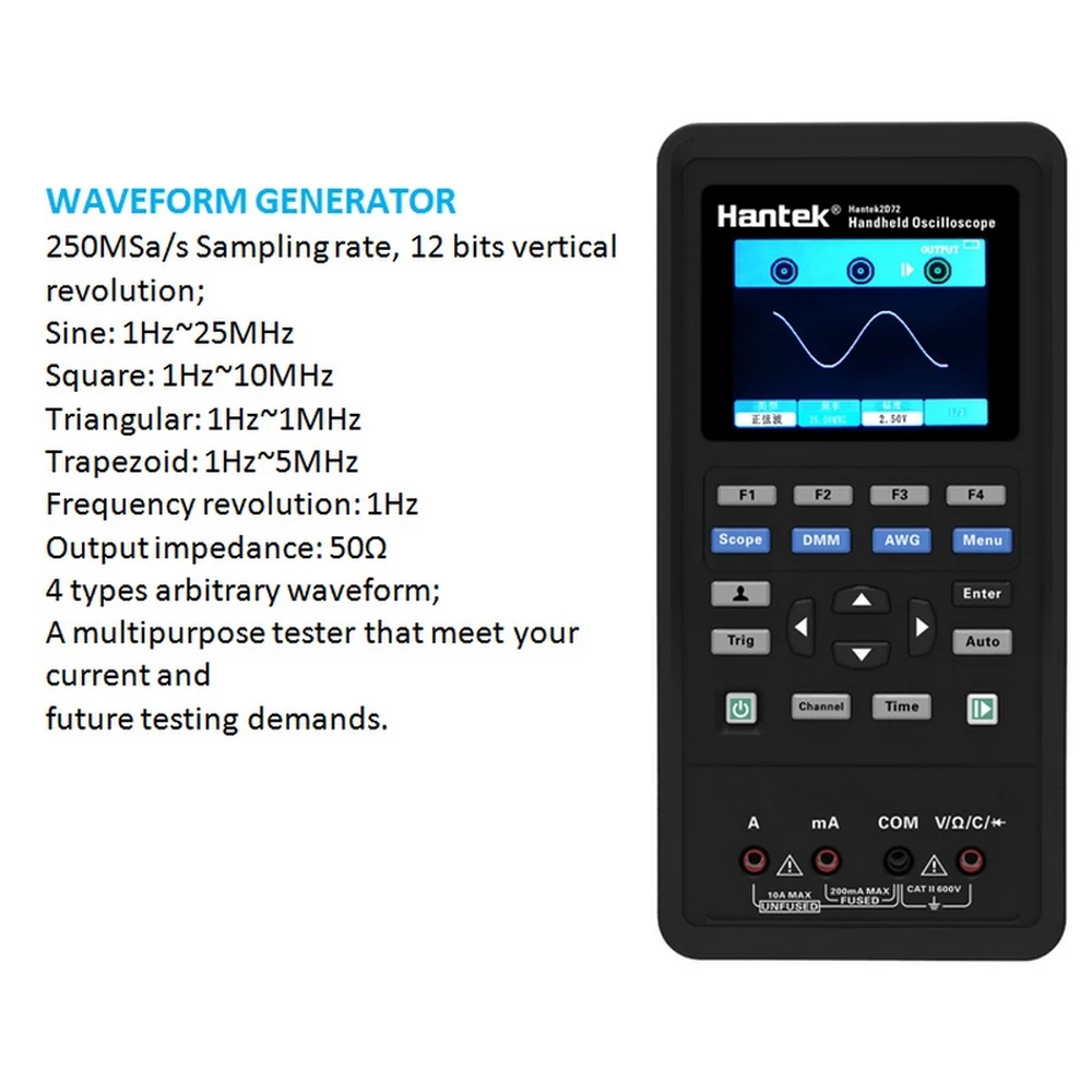 

2C72 Oscilloscope Hantai Hantek Handheld 70mhz 250msa/s Us Eu Socket Intelligent Charging Control Color LCD Screen Oscilloscope
