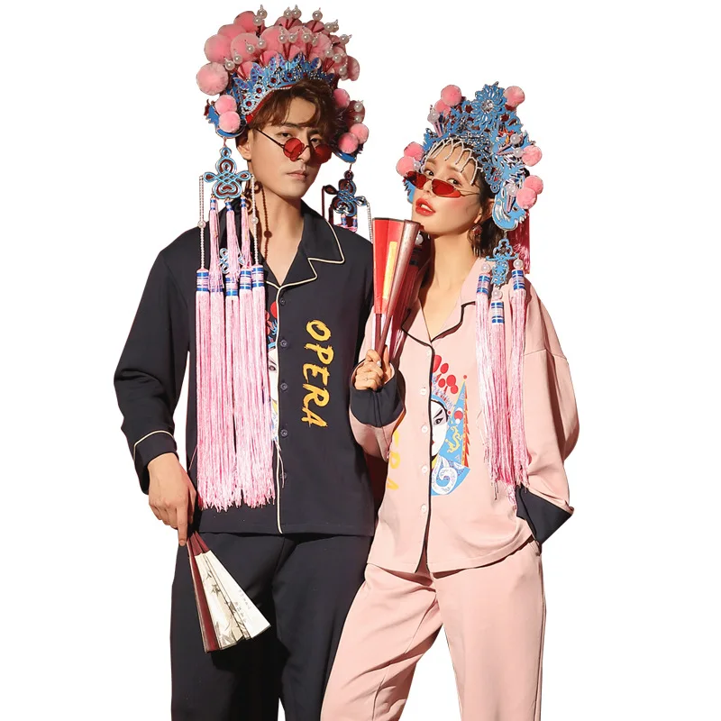 

2020 Autumn Couple Pajamas set 100% Cotton Loose Pyjamas Women Men Long Sleeve Homewear Lovers Nightgowns Pajama Set