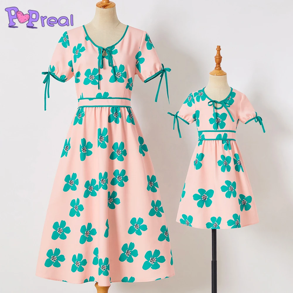 

PopReal Summer Flowers Print Bandage Short Sleeve Dress Family Matching Out Girl Family Dress Mom And Daughter Skirt Mother Kids