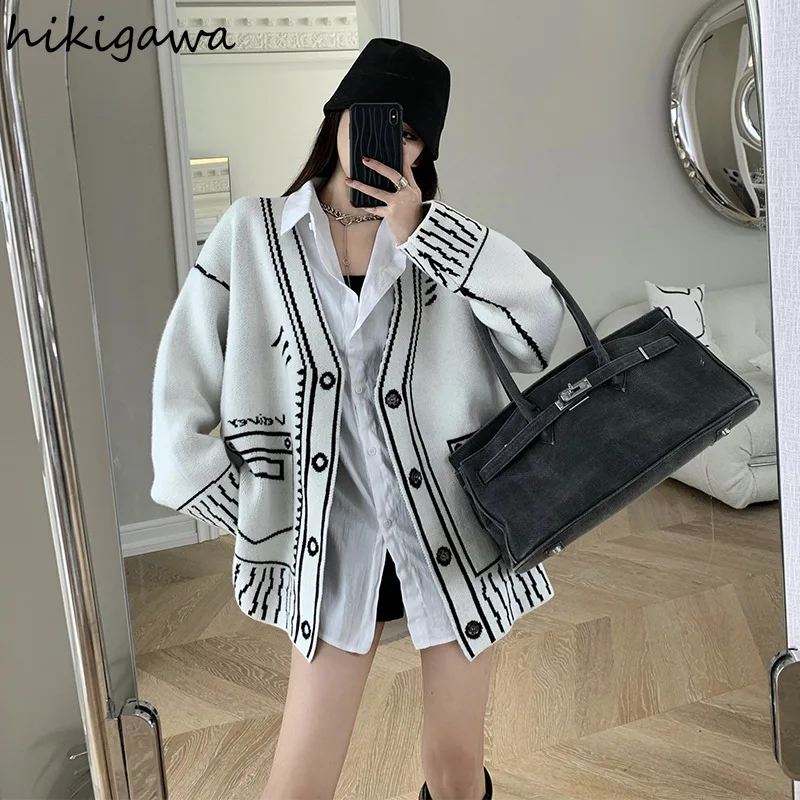 

Hikigawa Cardigan Women 2021 Korean Fashion Knitted Sweater Coat Pull Femme Loose Casual Tops Harajuku Sueter Tops Ropa Mujer