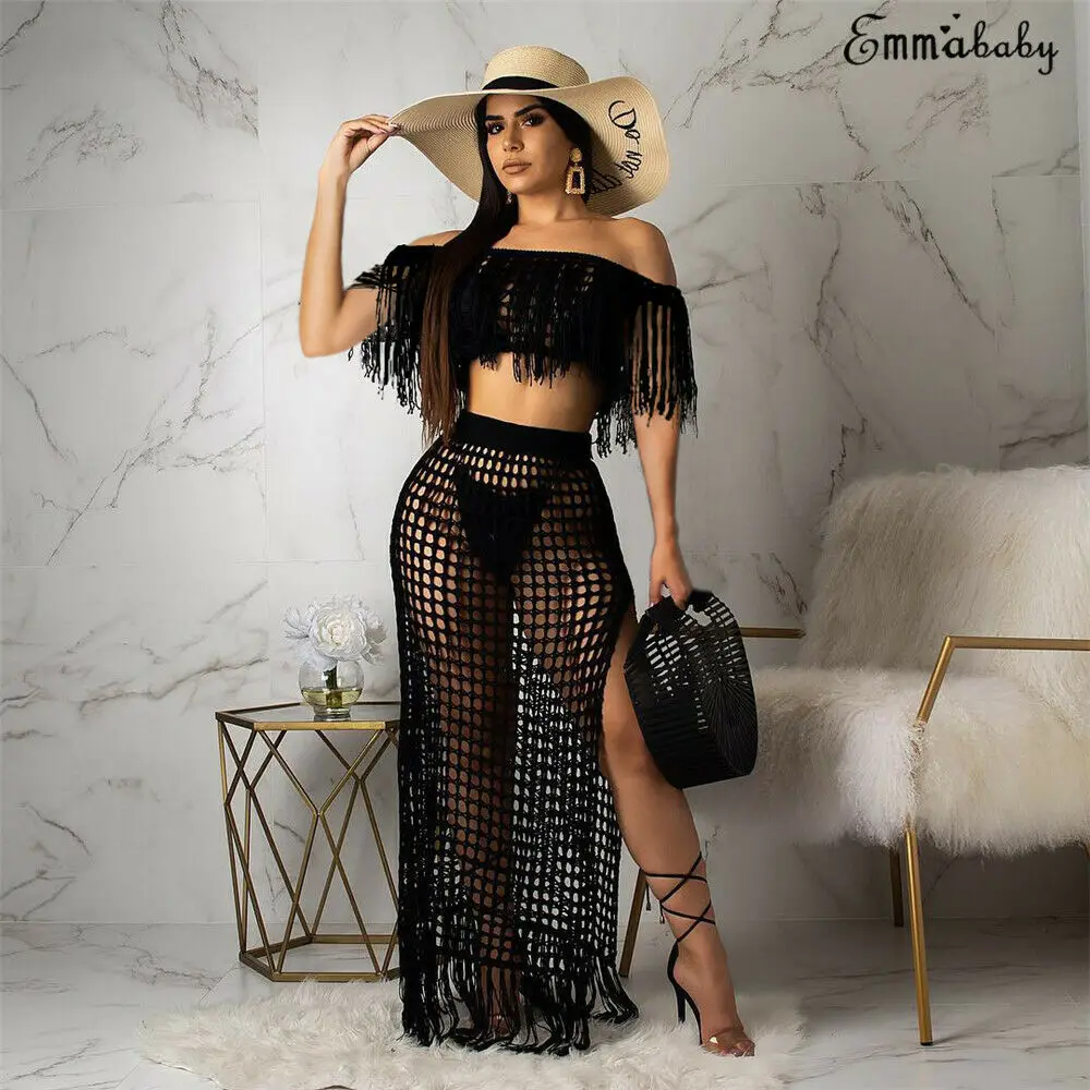2019 Women Bohemian Crochet Tassel Sets Short Sleeve Crop Top Summer Hollow Off Shoulder Side Slit Skirt Beach 2pcs Suits |