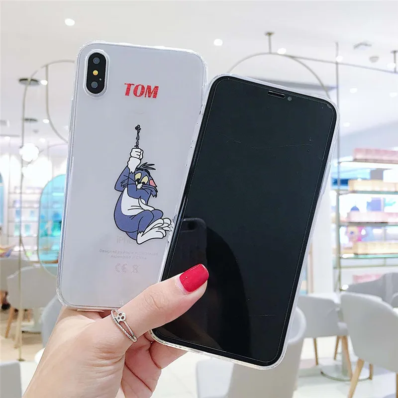 Чехол для телефона с мультяшным котом и мышкой для iphone 11 Pro MAX X XS MAX XR 7 6 6S 8 Plus, мягкий прозрачный чехол из ТПУ с забавным шнурком том Джерри