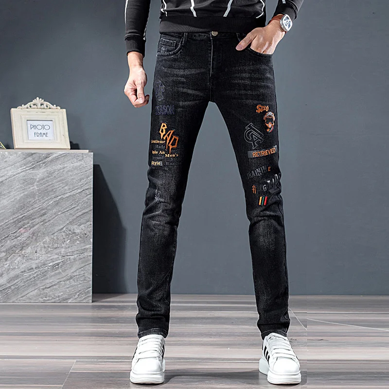 

#1335 Black Skinny Jeans Men Embroidery Designer Jeans Men High Quality Slim Fit Men's Jeans Stretch Denim Joggers Jeans Fashion