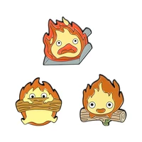fire demon with log dustpan brooches calcifer enamel pin flame inspired badges anime film jewelry gift for child kids