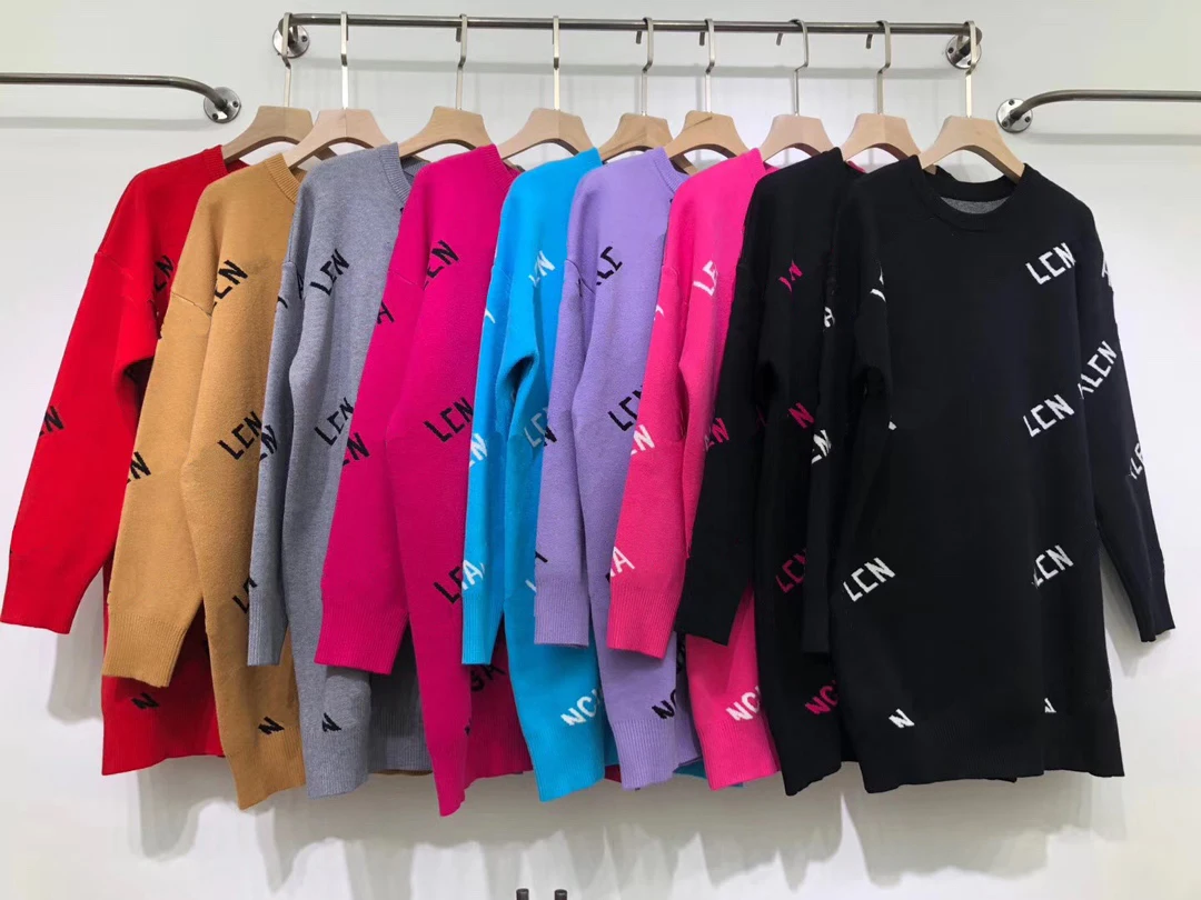 

Lady 2020 spring autumn letter printed o neck long sleeve pullover mini lady dress