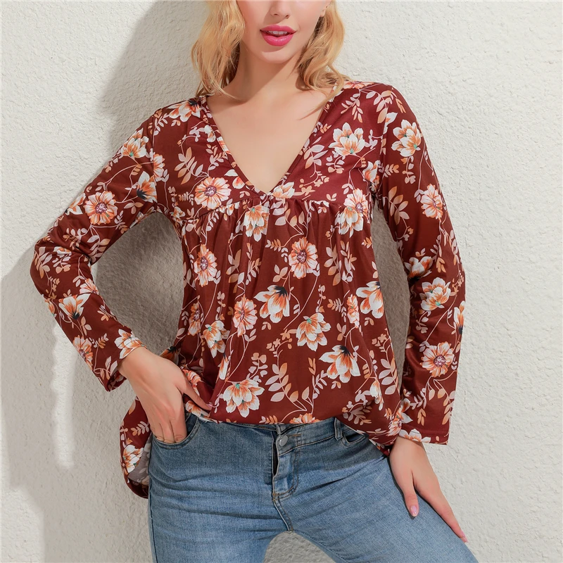 

Autumn New Leisure Women T Shirt Fashion Floral V Neck Long Sleeved Loose Pullover Beach Style Ladies T Shirt
