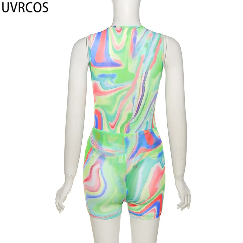

UVRCOS Mesh Print Playsuits See Through Women Skinny O-Neck Hipster High Waist Sexy Aesthetic Club 2021 Streetwear Summer Outfit