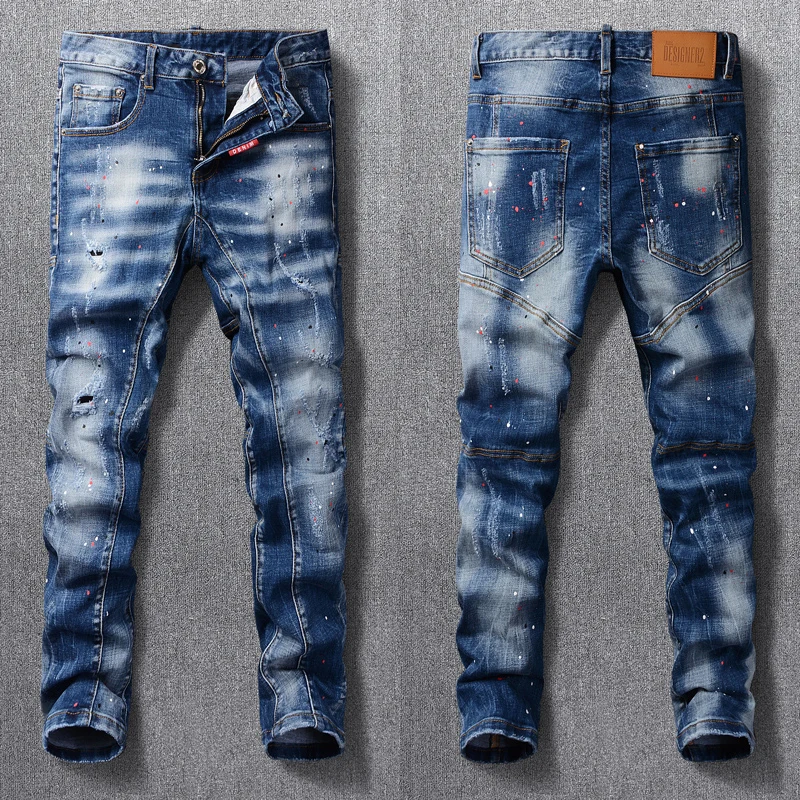 

Джинсы мужские, эластичные, синие, рваные, в стиле ретро