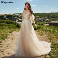 magic awn champagne boho wedding dresses lace appliques pearls beaded tulle country wedding party gowns for bride abito da sposa