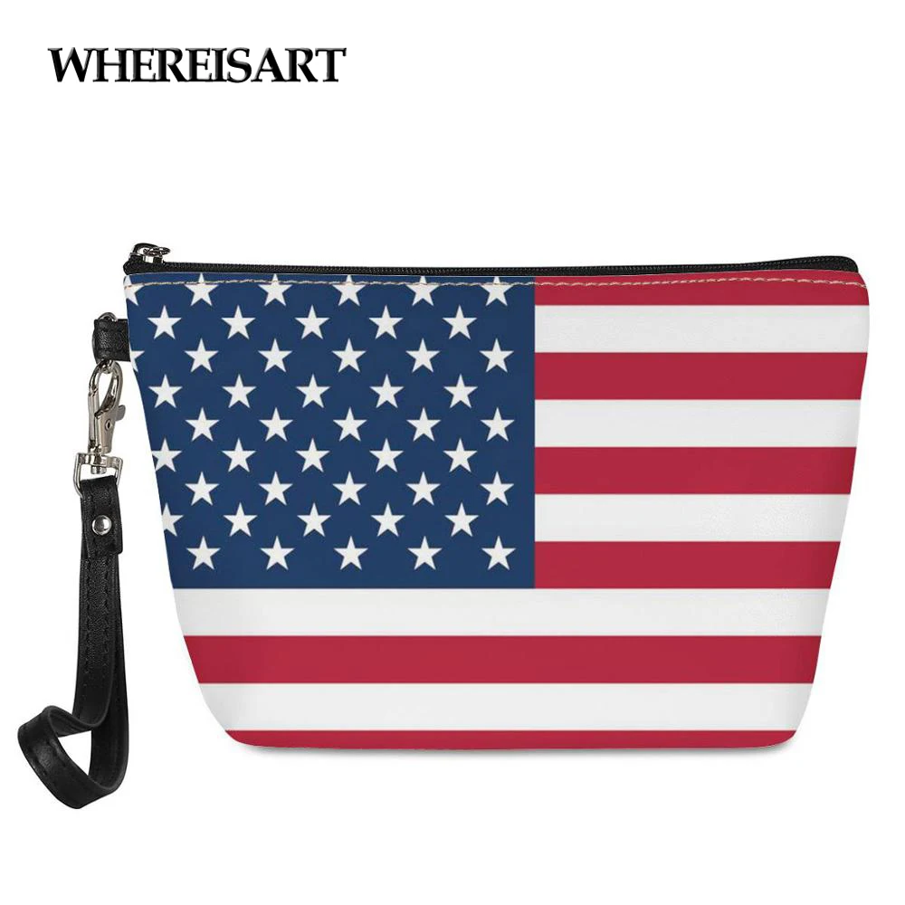 

WHEREISART Classic USA UK Cuba Flag Print Make Up Bags for Women Casual Female Ladies Wash Toiletry Pouch Female Cosmetic Bag