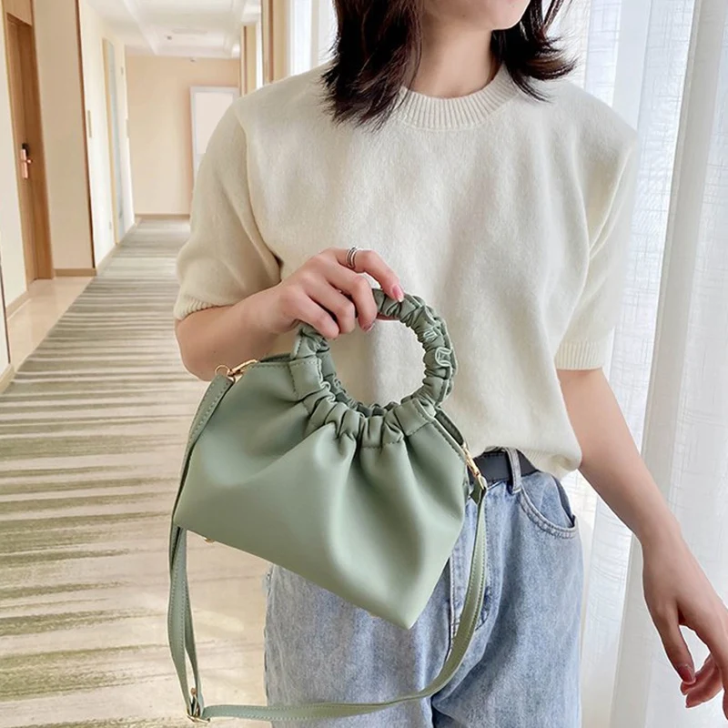 

Ladies Small Round Handle Solid Color PU Leather Bag Fashion Messenger Bag Handbag Women Tote Bag Shopping Bag