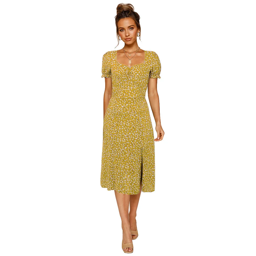 

Fashion high waist slim short sleeve floral square collar dress maxi dress