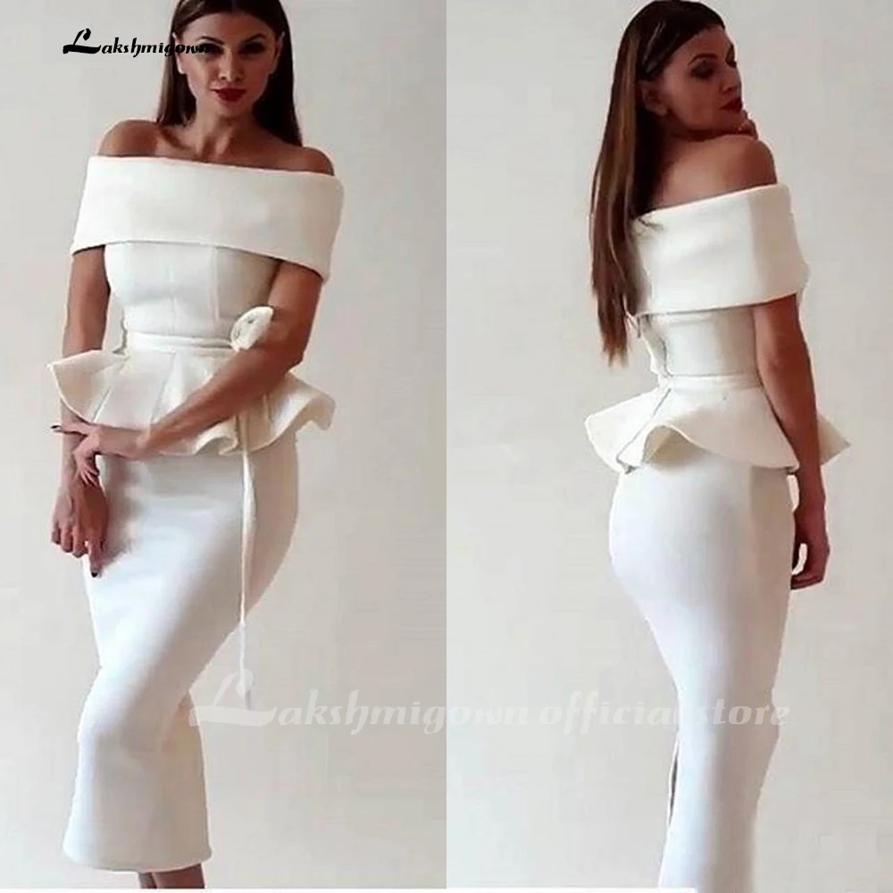 

White Tea Length Cocktail Dresses 2020 Peplum Sheath Arabic Bateau Neck Short Party Dress Prom Formal Gowns Mother of the Bride